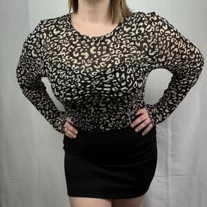 CAbi Sheer Mesh Leopard Print Long Sleeve Crew Neck Sweet Heart Top NWOT XL